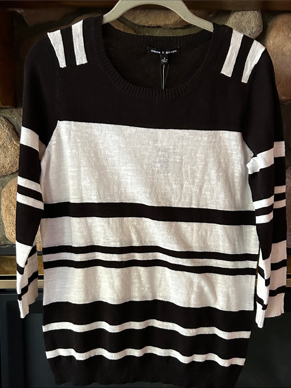 Cable & Gauge Black and White Striped Crewneck 3/4 Sleeve Sweater, Size S | NWT